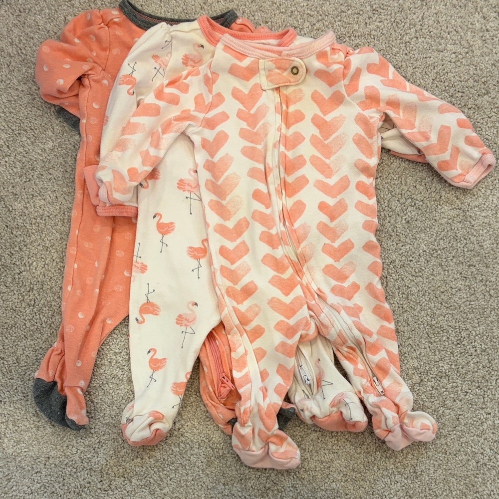 Baby Girls' Coral Pink One-Piece Sleepers - 3 Pack
